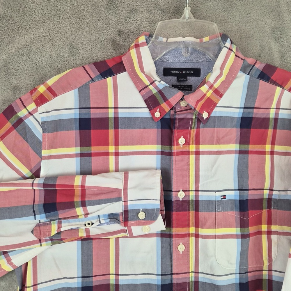 Tommy Hilfiger Classic Fit Plaid Shirt Mens Large Pink Blue Long Sleeve Preppy